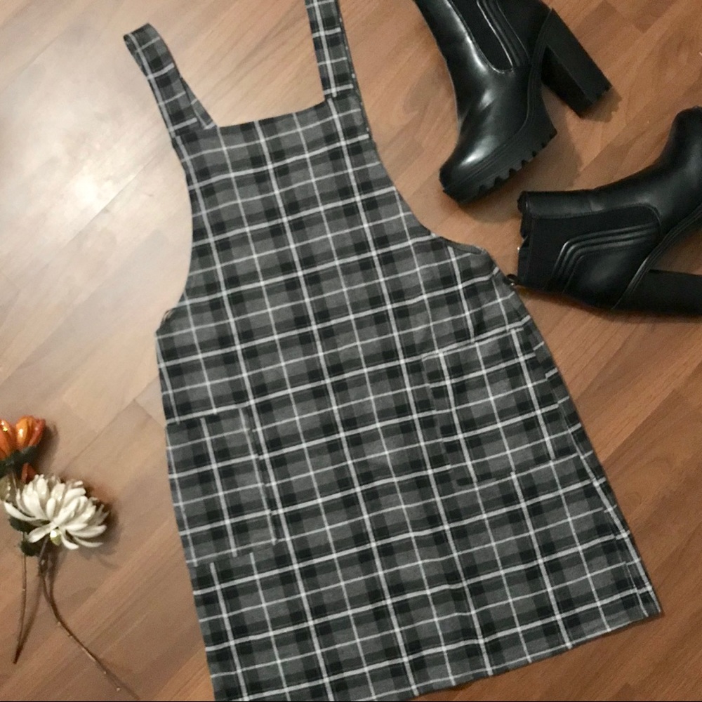 NWT Plaid Grey Black White Overall Dress